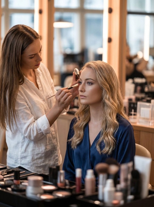 A professional makeup artist preparing a client's face after her hair