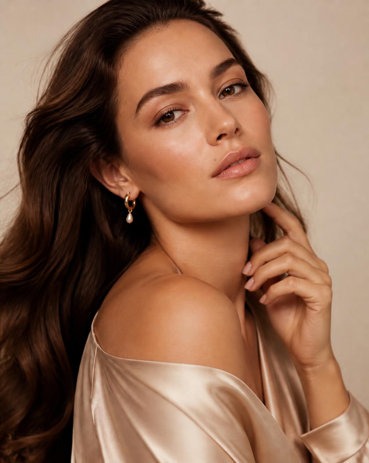 Editorial beauty portrait with soft, natural makeup and long hair