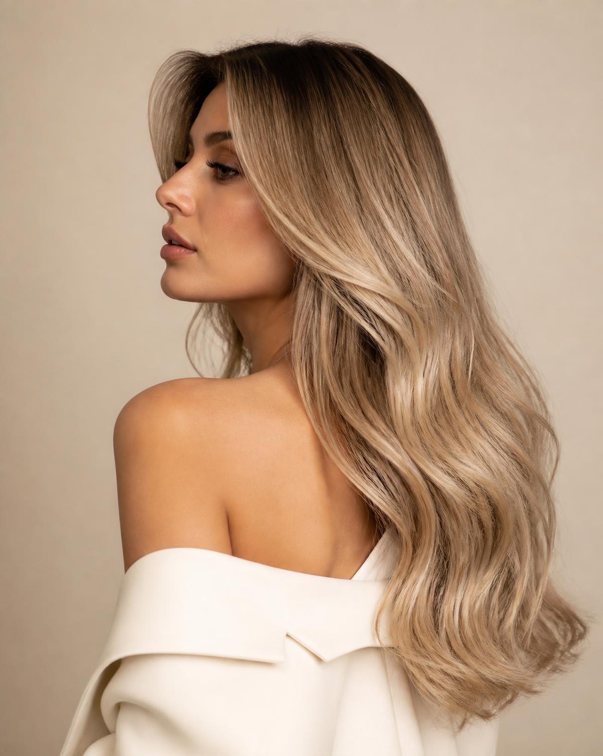 Long blonde hair with seamless added density