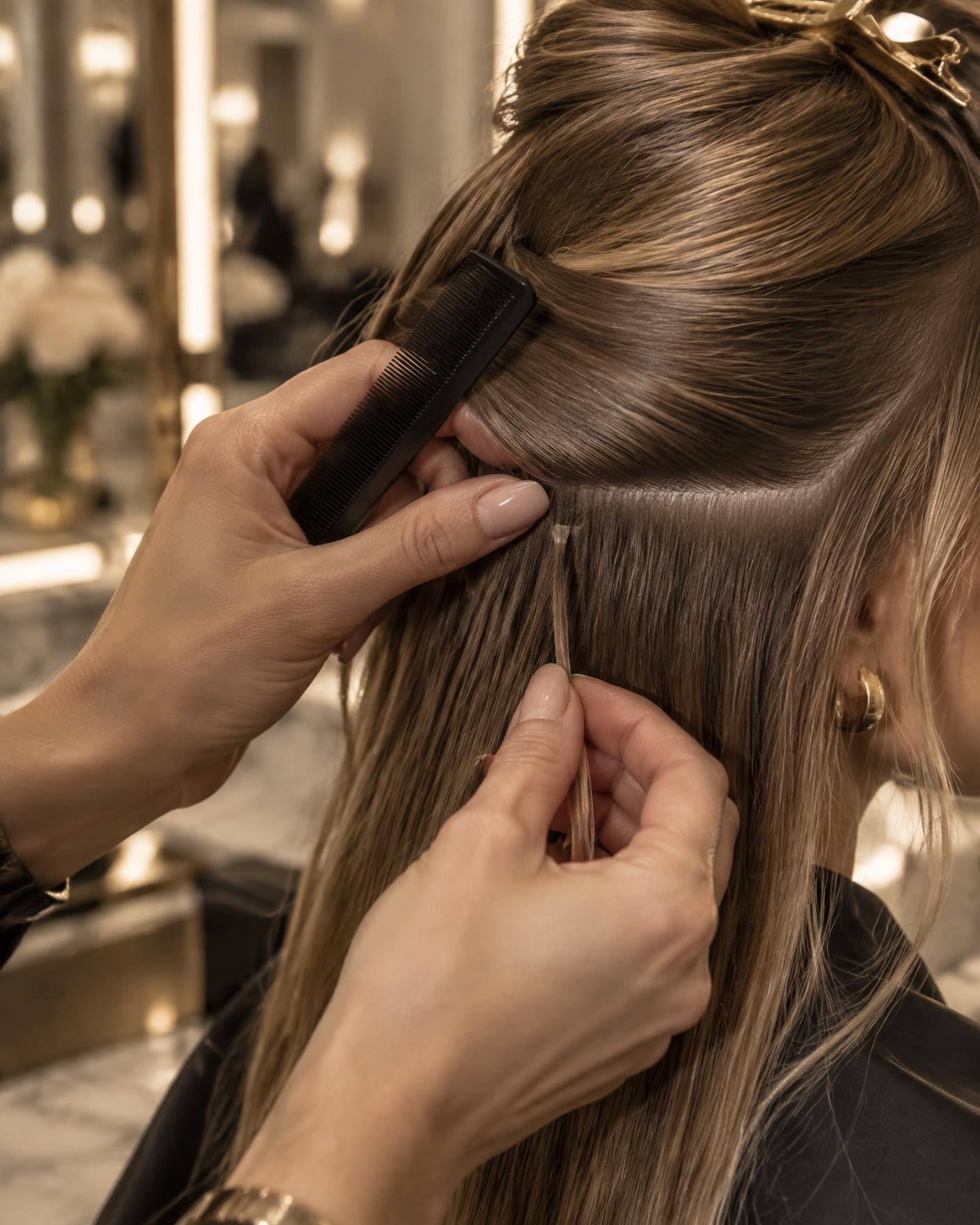 Cold Ice Extension application: a fine applicator releasing clear gel onto a thin strand of hair