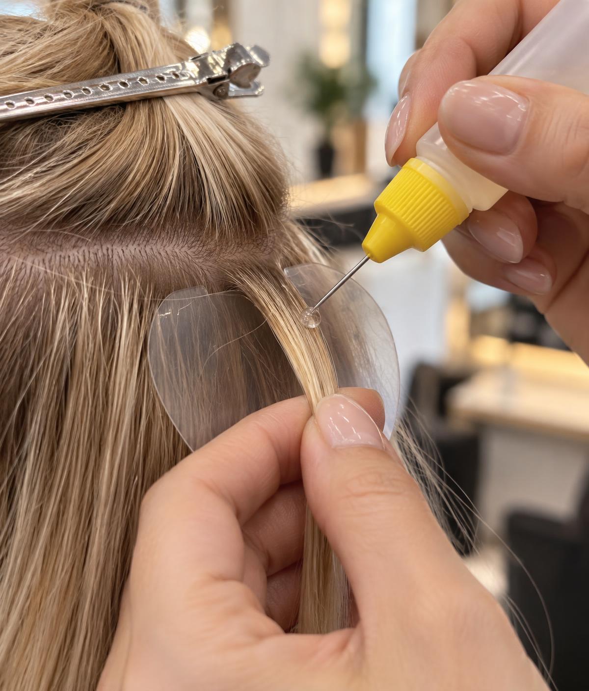 Cold Ice Extension application: clear nano-gel placed on a thin strand held over a protective shield