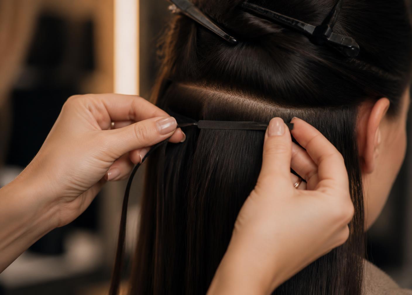 Stylist placing a tape-in weft into sectioned dark hair