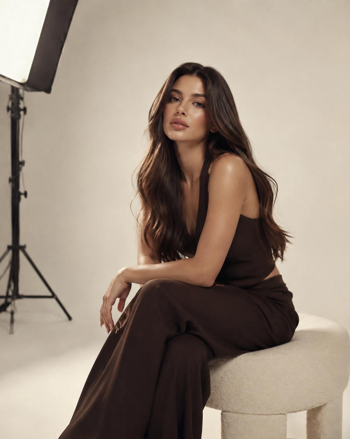 Model with long glossy hair posing on a cream studio set beside a softbox light