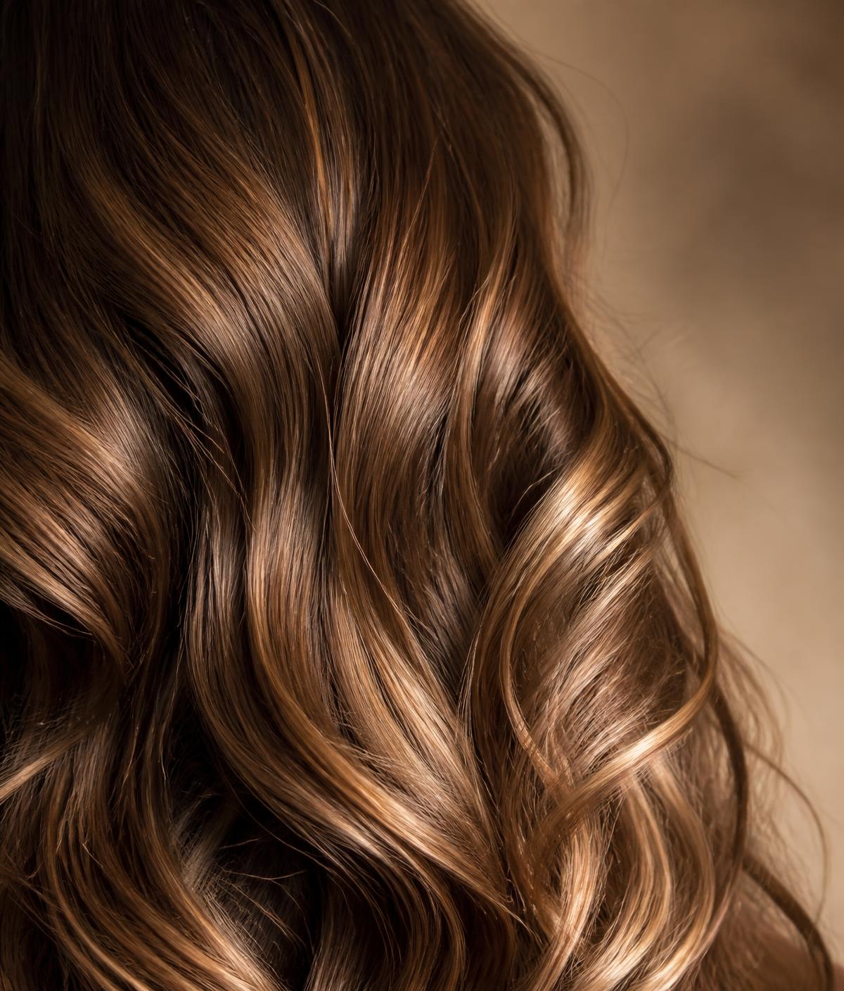 Close-up of layered, glossy brunette hair texture