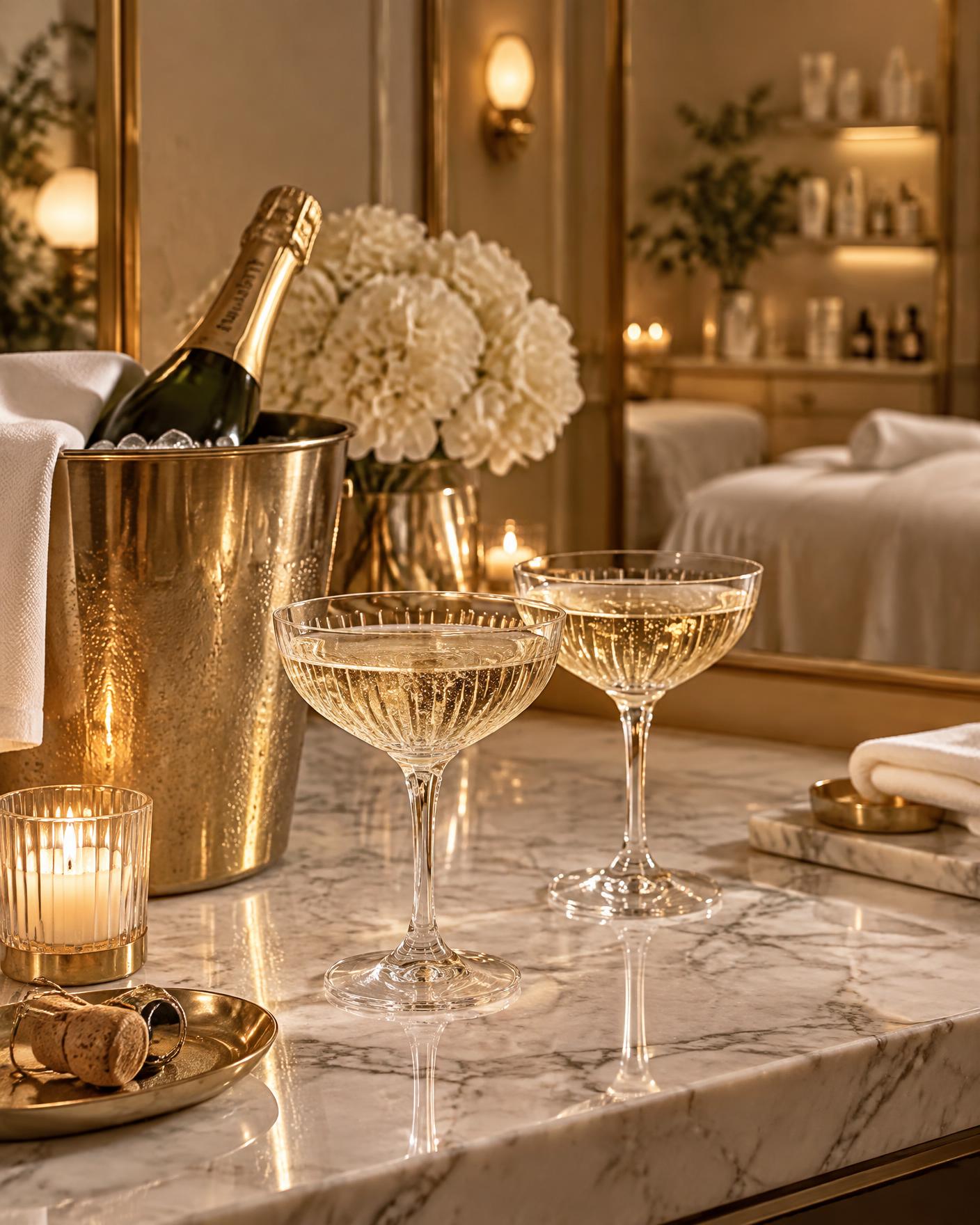 Chilled champagne in a brass bucket with two crystal coupes on marble in a private studio