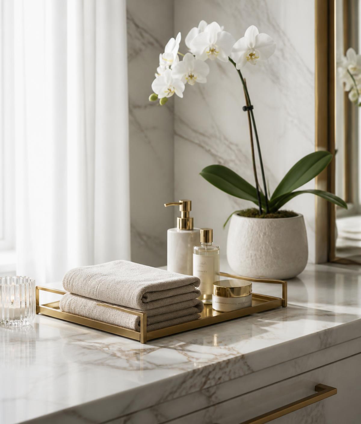 Marble vanity with brass tray and orchid in a private salon